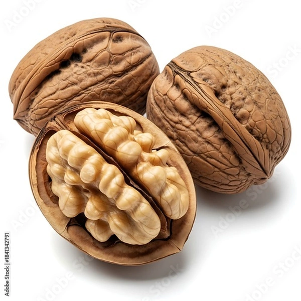 Obraz A focus on the cracked open walnut, revealing the nutritious, edible seed, with two whole nuts in soft focus