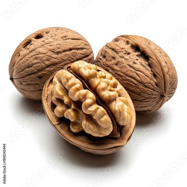 Obraz Close-up of a cracked walnut with the kernel exposed, set between two whole walnuts and isolated on white