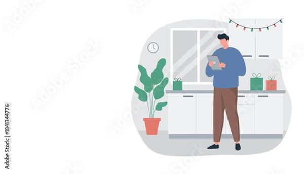 Obraz A man uses a tablet in a festive modern kitchen decorated with holiday lights and gifts Digital shopping concept