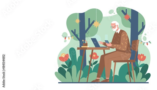 Obraz Senior man uses laptop and smartphone in a pleasant outdoor setting Remote work digital life