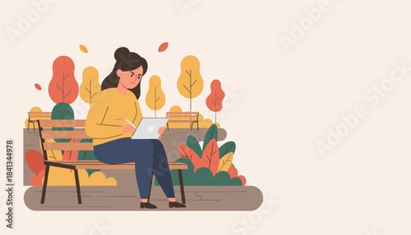 Obraz Angry young woman intensely focused on her digital tablet while sitting alone on a park bench in autumn