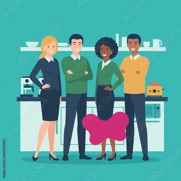 Obraz Professional and diverse office colleagues smiling in a modern workplace break area