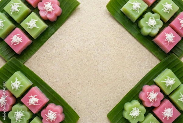 Obraz Traditional Thai dessert flat lay of pink and green Khanom Chan layer cakes on banana leaves with shredded coconut topping and copy space in center on beige stone background for food menu design.