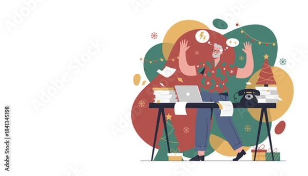 Obraz Senior man stressed by holiday work deadlines and paperwork chaos