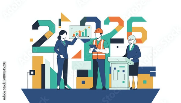 Obraz 2026 business strategy Executives and worker discuss growth forecasting and industry planning