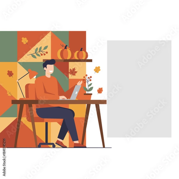 Obraz Happy remote worker uses laptop in a cozy autumnthemed home office decorated with fall leaves and pumpkins WFH lifestyle