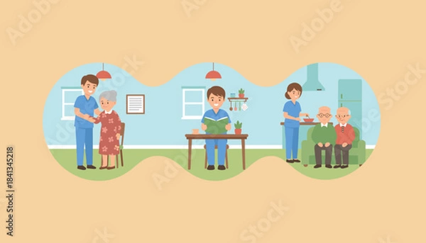 Obraz Dedicated caregivers assist elderly people with mobility reading and meals in a residential setting