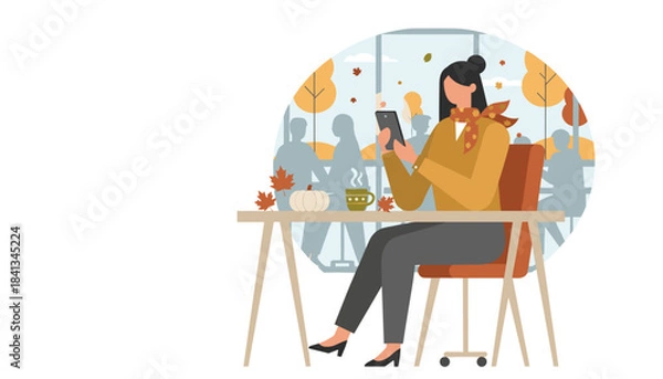 Obraz Woman using phone at a cafe table surrounded by autumn decor and fall colors Digital connection