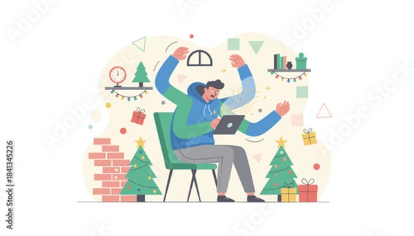 Obraz Overwhelmed man multitasking on a tablet during the chaotic Christmas holiday rush