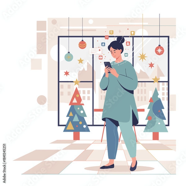 Obraz Woman using a smartphone in a festive room engaging in digital communication during the holiday season