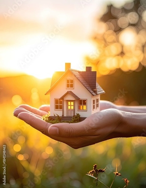 Fototapeta A miniature house rests securely in cupped hands against a vibrant sunset backdrop.