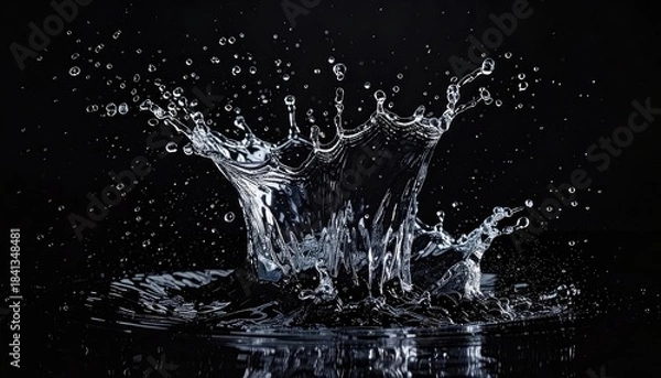 Fototapeta Dramatic, high-speed photograph of a water crown splash against a dark background.