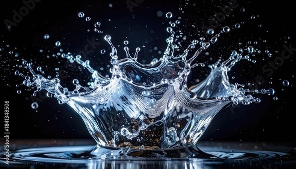 Fototapeta Dramatic high-speed capture of a water splash crown against a dark background.