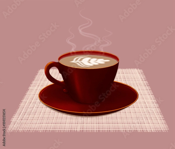 Fototapeta Dark red isolated coffee cup with a coffee pattern and steam on a pink background. Vector illustration.