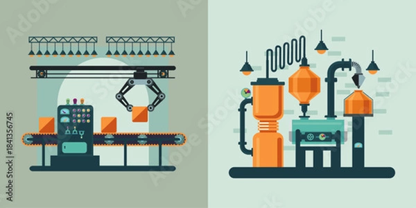 Fototapeta Automated industrial production lines featuring a robotic arm on a conveyor belt and complex chemical processing machinery in a modern factory setting