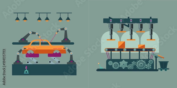 Fototapeta Automated manufacturing processes featuring robotic arms assembling a car body alongside a conveyor belt system packaging goods in a stylized industrial setting
