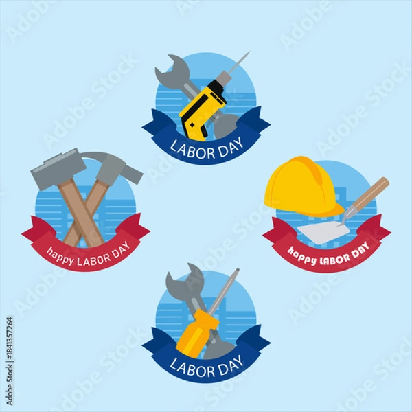 Fototapeta Labor Day: A colorful illustration capturing the essence of Labor Day, the image features four distinct circular designs, each showcasing a different tool set against a blue backdrop.
