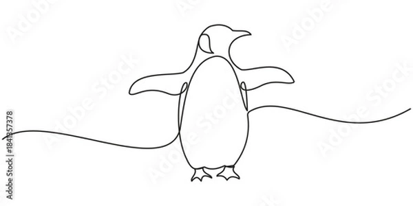 Fototapeta Continuous one line drawing of penguin, walking, monochrome illustration. Minimalist single line art style penguin. Vector illustration