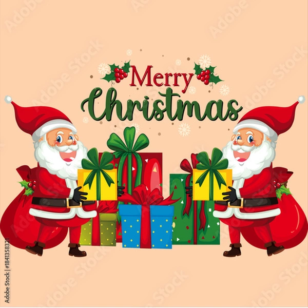 Fototapeta Two cheerful cartoon Santas standing with large sacks and colorful wrapped presents beneath festive merry christmas typography and falling snowflakes