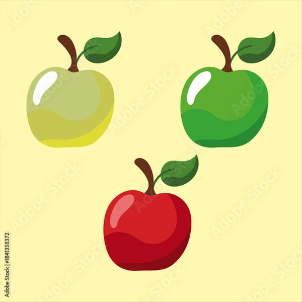 Fototapeta Three brightly colored cartoon apples one red one green and one pale yellow arranged playfully on a light cream background perfect for educational or healthy eating themes