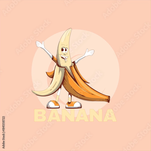 Fototapeta Cheerful cartoon banana character with arms wide open standing proudly above the word banana against a soft pastel background illustration