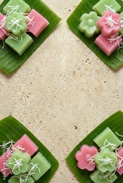 Obraz Traditional Thai dessert flat lay of pastel pink and green Khanom Chan layer cakes on banana leaves with coconut topping and copy space on vertical beige stone background for menu design.