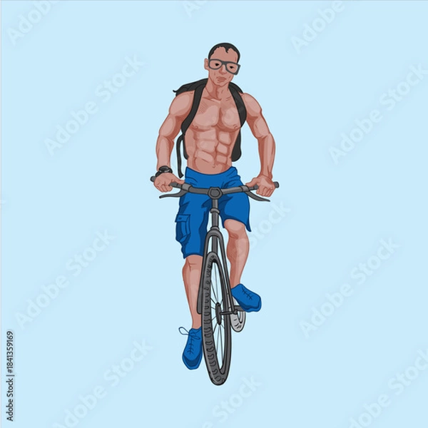 Fototapeta Muscular man with backpack and goggles cycling forward on a bicycle against a light blue background