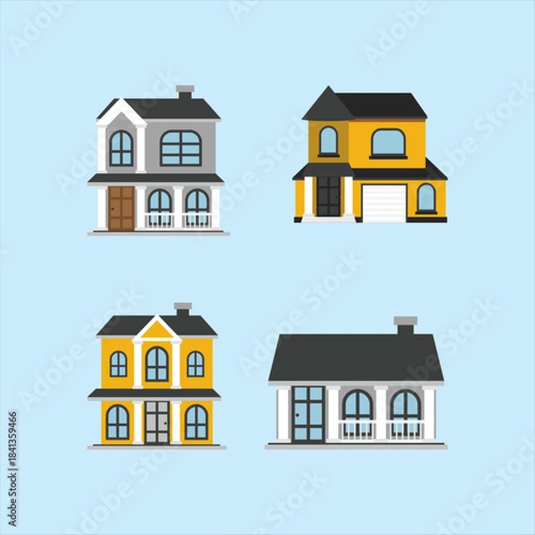 Fototapeta Collection of four distinct flat design residential house icons featuring varied architectural styles and color palettes against a light blue background for real estate concepts