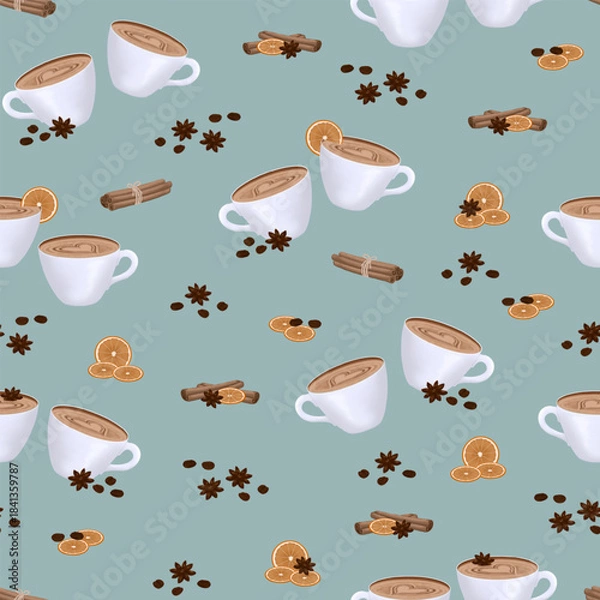Fototapeta Seamless pattern, isolated pattern with a coffee cup and heart, cinnamon stick, orange, coffee, chocolate, and star anise on a green background. Vector illustration.