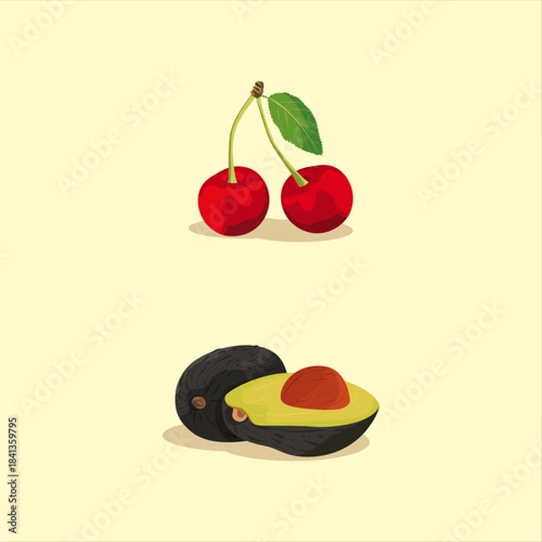 Fototapeta Fresh ripe cherries and a whole avocado with one half showing the seed on a light background