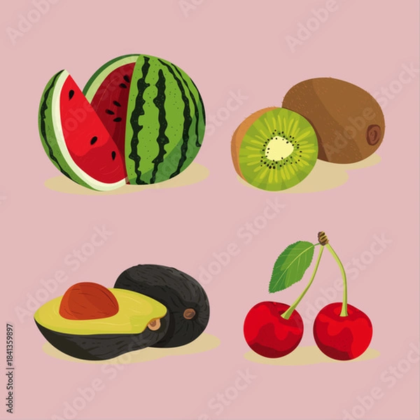 Fototapeta Four vibrant fruit illustrations including watermelon kiwi avocado and cherries on a soft background