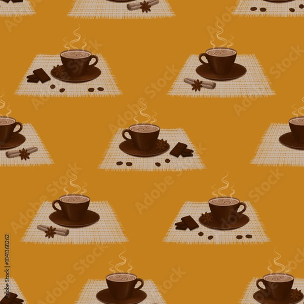 Fototapeta Seamless pattern, isolated drawing of a steaming coffee cup on a napkin, cinnamon stick, coffee, chocolate, and star anise on an orange background. Vector illustration.