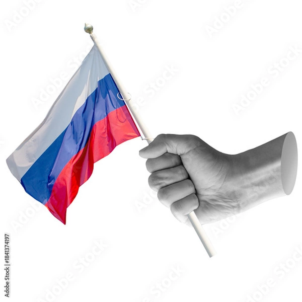Fototapeta Hand holding Russian flag. Represents Russia, national identity, or geopolitical presence. Part of series