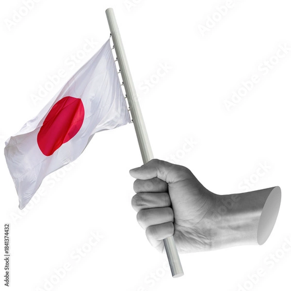 Fototapeta Hand holding Japanese flag. Represents Japan, national identity, or technological advancement. Part of series
