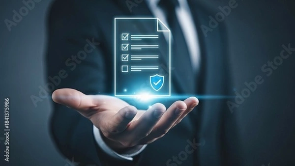 Obraz Businessman presents digital document checklist concept with security shield icon