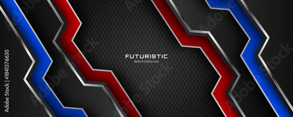 Fototapeta 3D black techno abstract background overlap layer on dark space with blue red shapes effect decoration. Modern graphic design element cutout style concept for web, flyer, card, or brochure cover