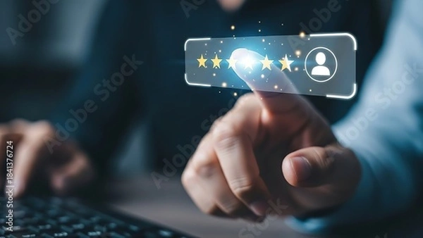 Fototapeta Digital hand gives four stars on interactive interface