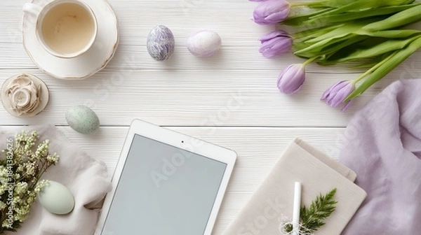Obraz Scandinavian spring desk still life with tablet and tulips, top down flat lay workspace composition
