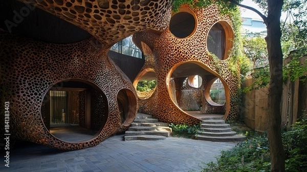 Obraz Organic Architecture Perforated Wood Structure with Circular Openings and Stone Steps.