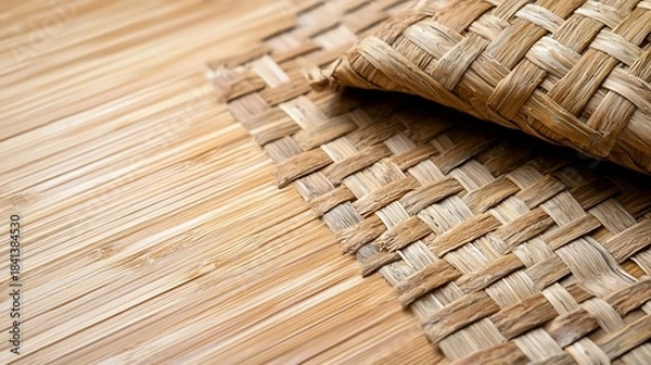 Obraz Woven Placemat on Bamboo Table Rustic Texture and Natural Tones.