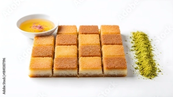 Fototapeta Traditional Middle Eastern Basbousa or Kunafa dessert with syrup and pistachios on white background.