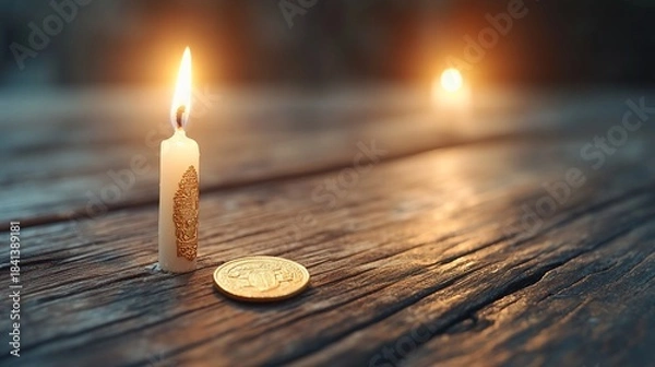 Obraz Intimate Still Life Candlelight Coin and Rustic Wood Texture.