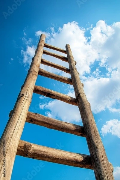Obraz Wooden ladder leaning against bright blue sky with white clouds, symbolizing upward climb, growth, and success against clear backdrop.