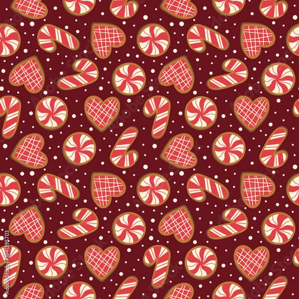 Fototapeta Peppermint Candy Gingerbread Cookies on Maroon Vector Seamless Pattern Design