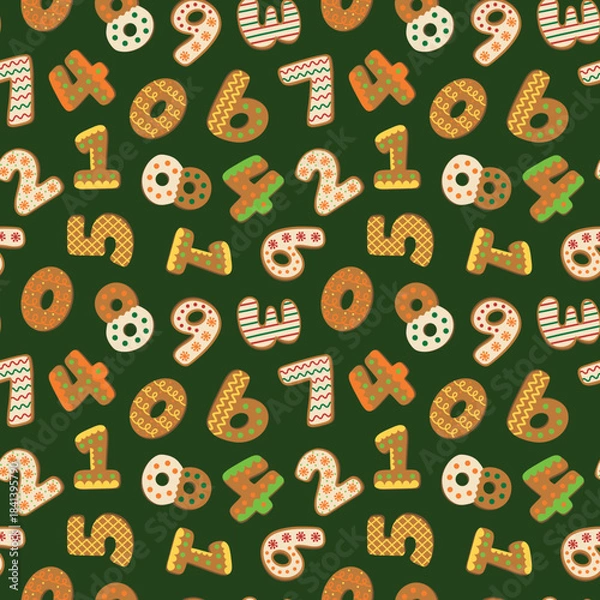 Fototapeta Gingerbread Cookie Numbers on Green Vector Seamless Pattern Design