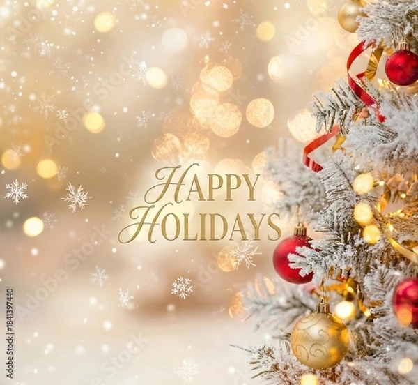 Obraz christmas background with balls and fir branches, Happy Holiday. AI