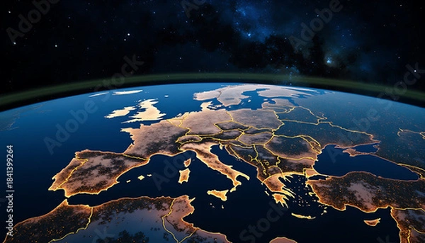 Fototapeta Europe From Space With Glowing Country Borders