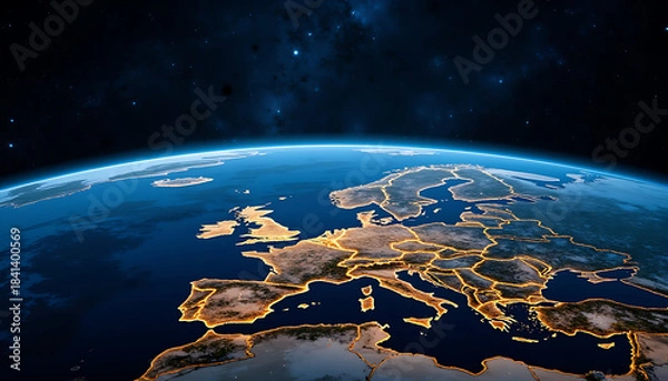 Fototapeta Europe From Space With Glowing Country Borders
