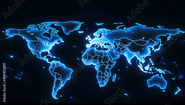 Fototapeta Glowing Blue Digital World Map on Dark Background