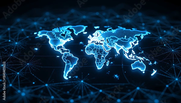 Fototapeta Glowing Blue Digital World Map on Dark Background